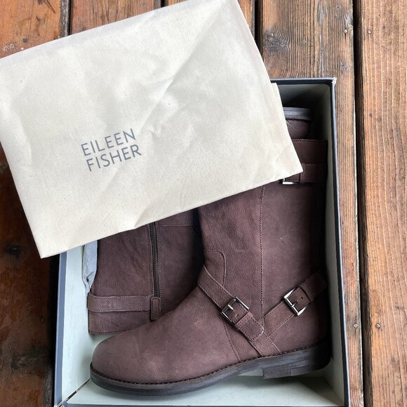 NIB Eileen Fisher Leather Mocha Booties with Side Zip Closure in Women's 11M - Picture 1 of 11